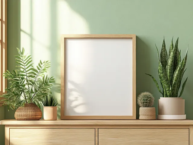 Blank horizontal frame on a wooden cabinet with multiple potted green plants and soft daylight.