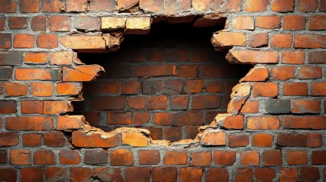 Irregular hole in a weathered red brick wall with broken bricks and exposed dark interior behind it.