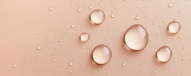 Transparent gel drops and glossy moisturizer beads on a neutral beige background with tiny bubbles.