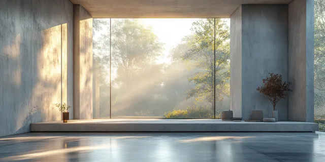 Empty concrete room with a large window and sunlight streaming across the floor.