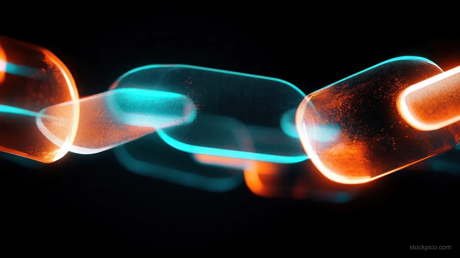 Close-up translucent chain links glowing with blue and orange light against a dark background.