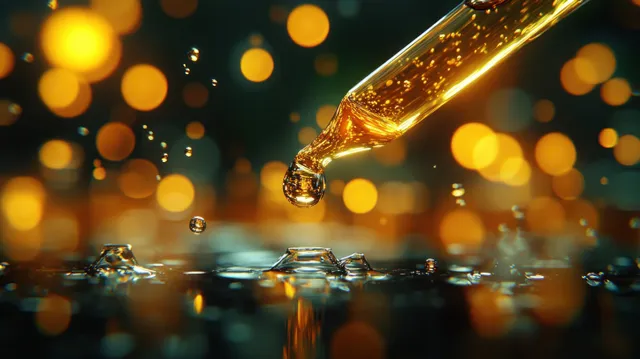 A pipette tip drips an amber droplet into a glass test tube amid warm bokeh lights.
