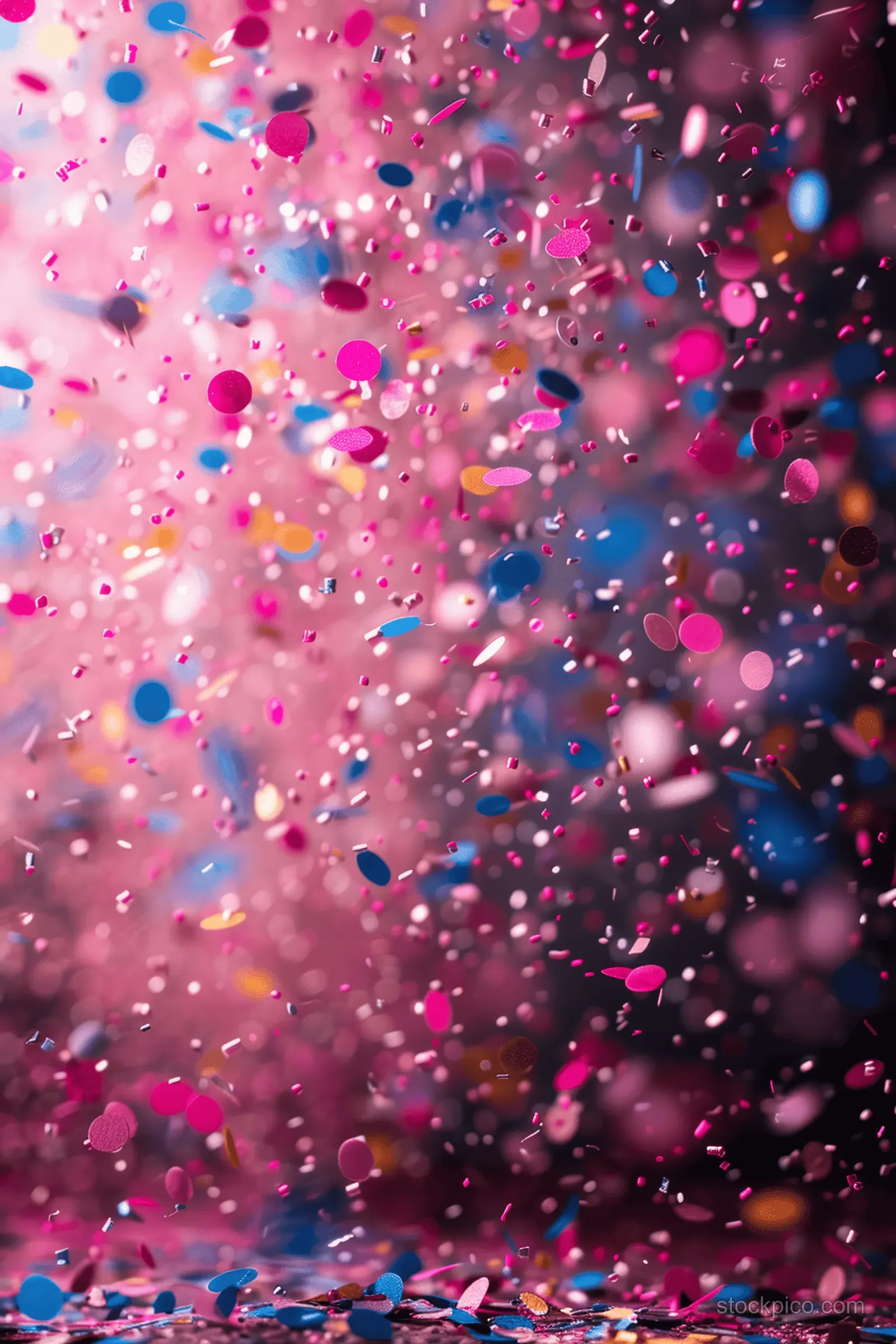 Colorful confetti falls through a blurred pink celebration background with glowing sparkly bokeh.
