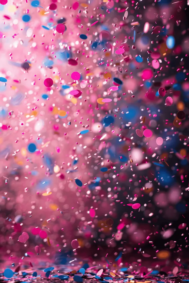 Colorful confetti falling across a blurred pink and magenta celebration backdrop