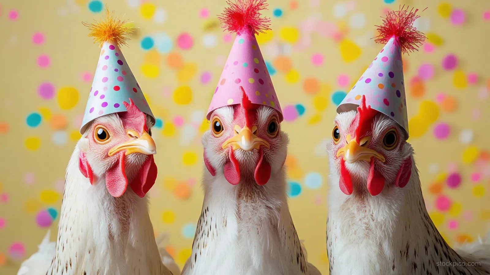 Three white chickens wear colorful polka-dot party hats against a multicolored confetti background.
