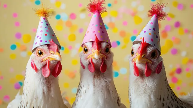 Three white chickens wear colorful polka-dot party hats against a multicolored confetti background.