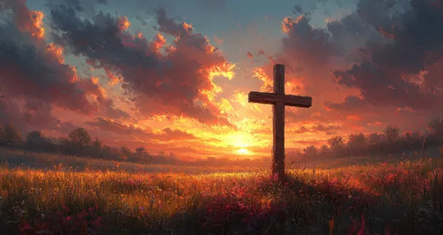 A silhouetted Christian cross on a grassy hillside against a fiery sunset sky with glowing clouds.