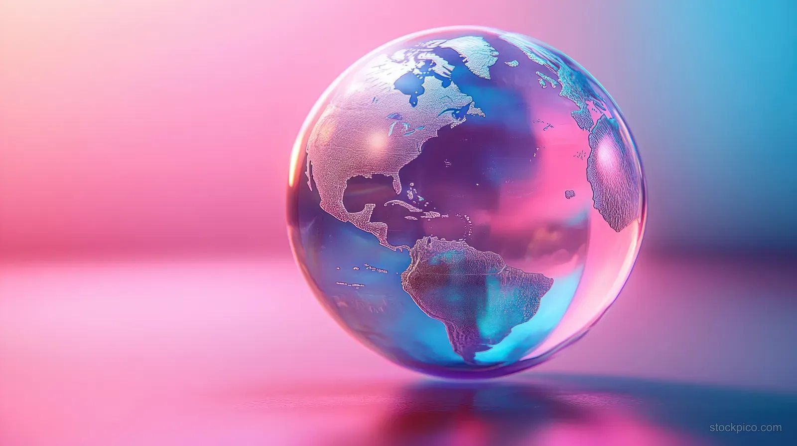 Transparent glass globe showing North and South America with vivid pink and blue light reflections on a smooth surface.