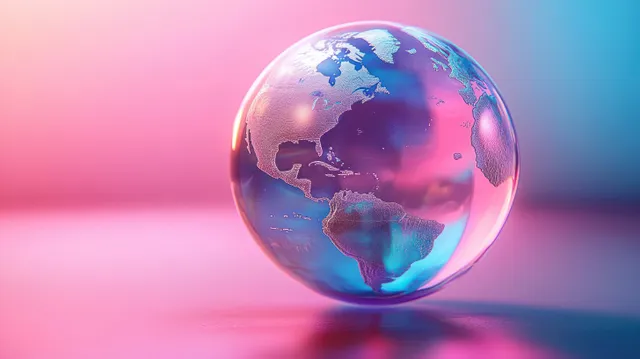 Transparent glass globe showing North and South America with vivid pink and blue light reflections on a smooth surface.