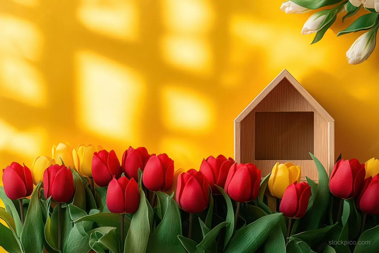 Red and yellow tulips surround a small wooden calendar with a house shape on a sunlit spring table.