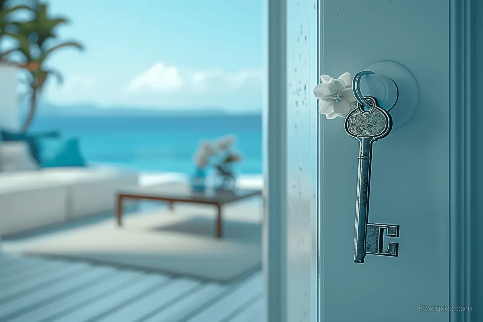 A key on an open door lets you see a white beach house interior with turquoise accents and a blue sea view.