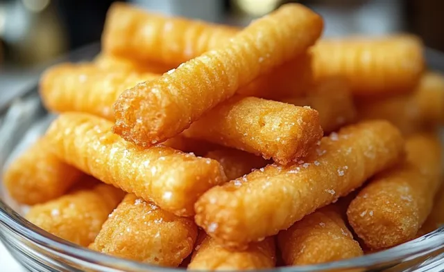 Crispy golden snack sticks piled in a clear glass bowl with warm highlights.