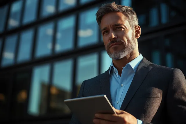 Focused businessman holding a tablet outside glass office building, sunlight and shadows