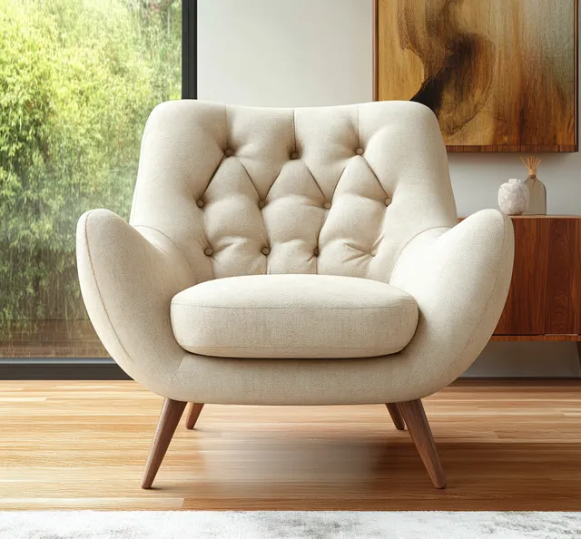 Beige tufted armchair by window in bright modern living room with greenery view
