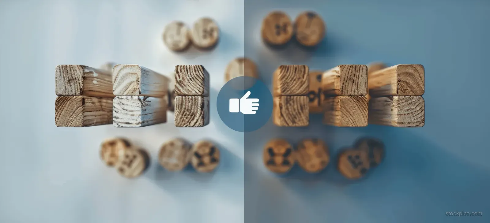 Wooden blocks arranged to suggest a handshake and people icons on a blue business-themed background.