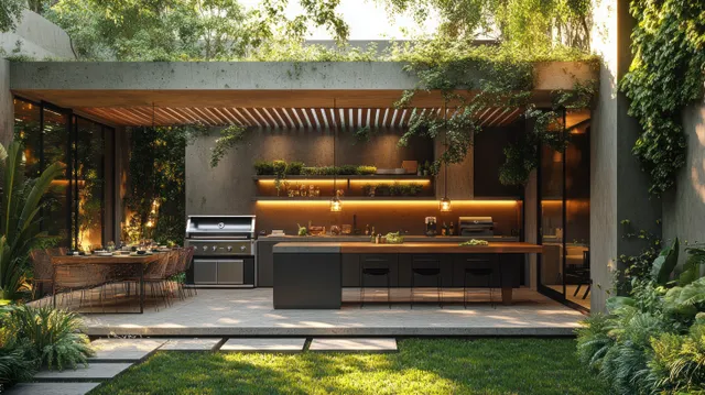 Sleek outdoor kitchen grill under a pergola with patio dining seating, greenery, and sharp daylight shadows.