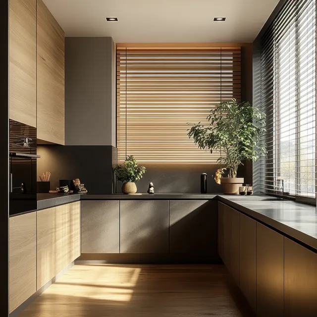 Modern kitchen with wooden cabinets, window blinds, and potted plants in sunlight.