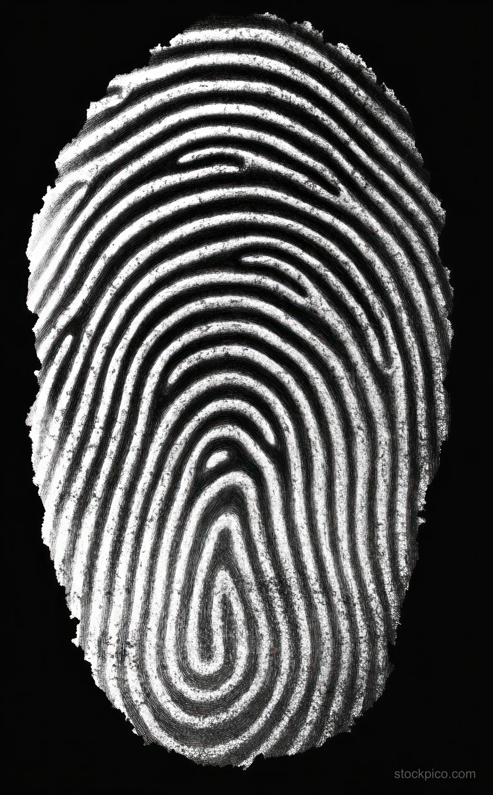 Close-up fingerprint pattern with detailed white ridges and concentric whorls on a black background.