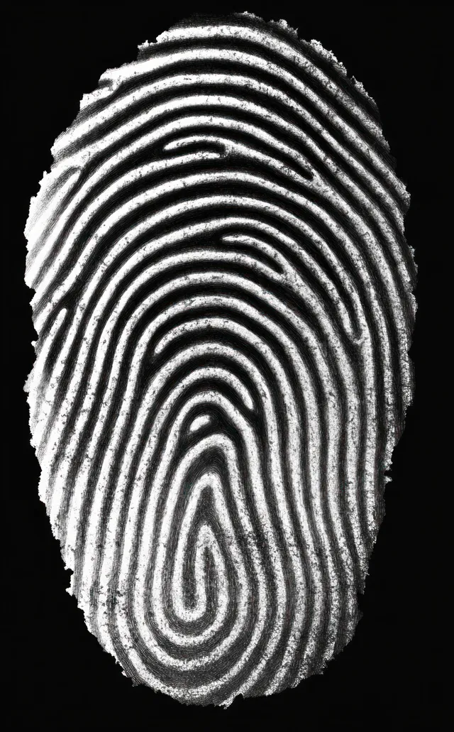 Close-up fingerprint pattern with detailed white ridges and concentric whorls on a black background.