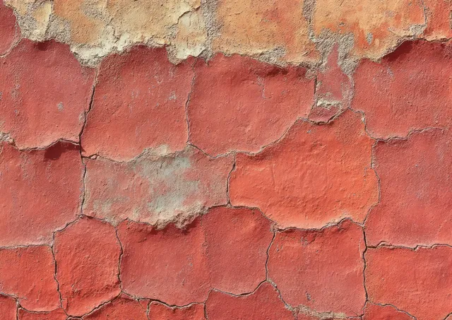Close-up of a cracked wall with peeling red and orange paint revealing rough exposed plaster.