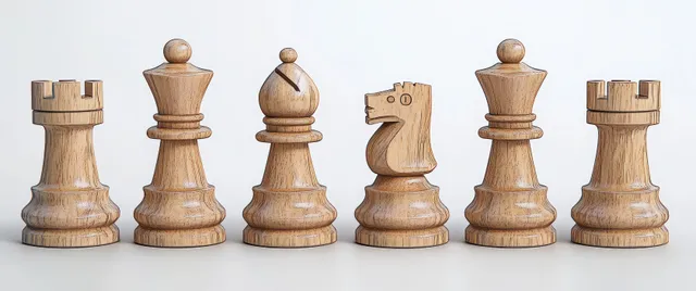 Six polished wooden chess pieces, including rooks, queens, bishop, and knight, lined up on a plain white background.