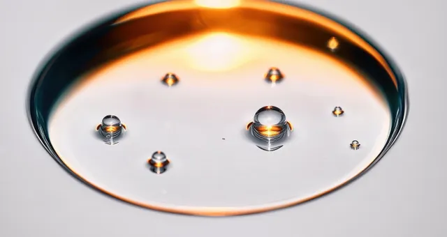 Small water droplets sit on a reflective surface with warm golden light around them.