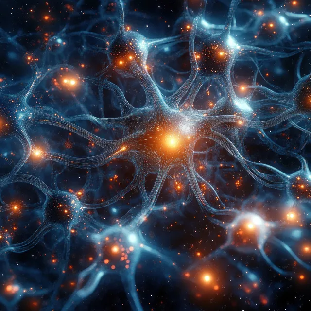 Bioluminescent neural network nodes and branching synapse-like threads glow across a deep space background.