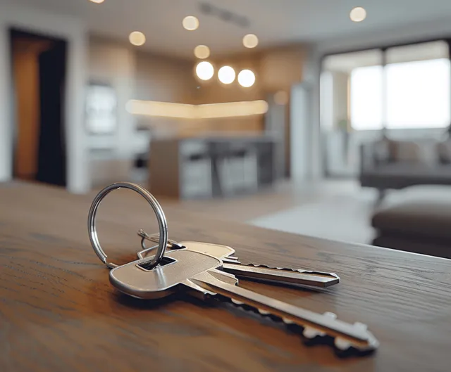 Apartment keys lying on a wooden table in bright modern living room with Mortgage And Lending