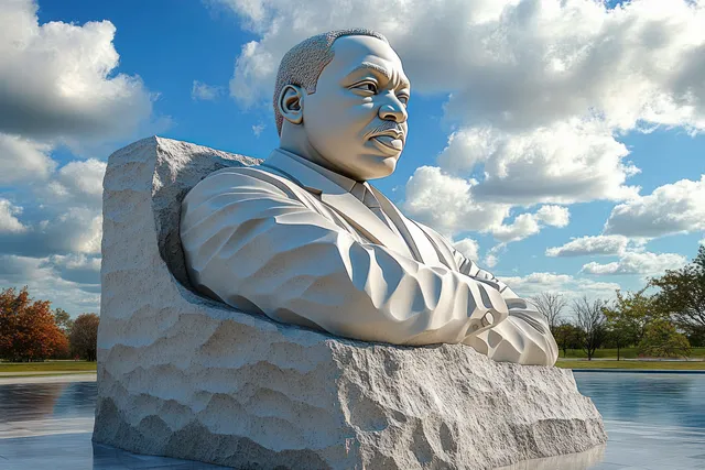 A stone bust with folded arms stands beside a reflective pool with blue sky, clouds, and autumn trees in the background.