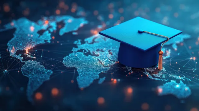 Blue graduation cap rests on a glowing digital world map with network connection lines and data points.