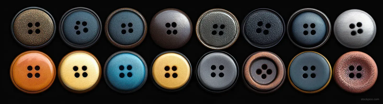 Round metal jeans buttons and rivets set shown in rows on a white background.