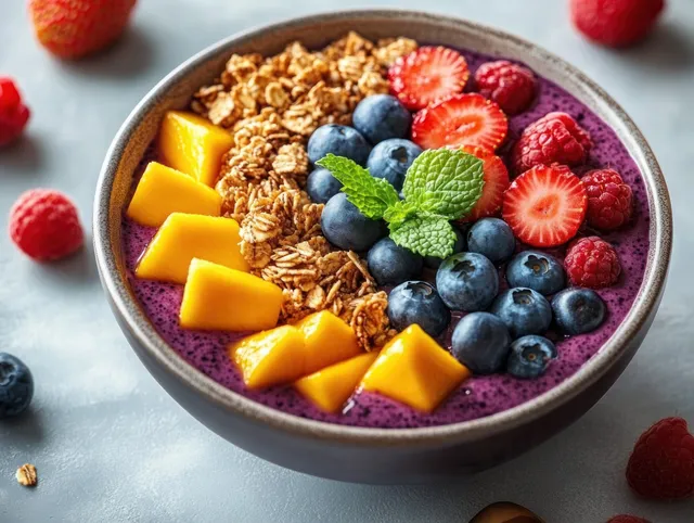 A smoothie bowl with granola, mango cubes, blueberries, strawberries, raspberries, and mint on a light surface with scattered berries.