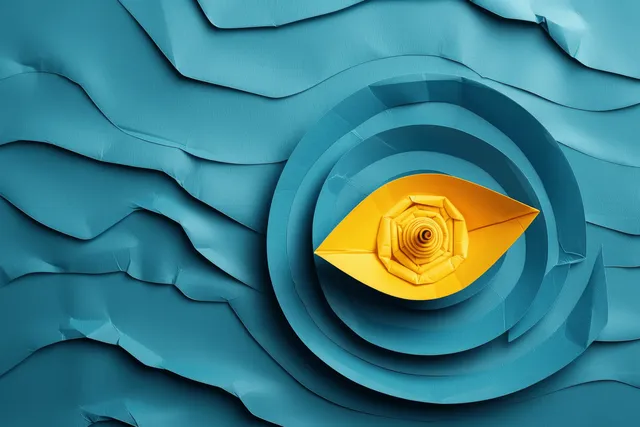 Yellow paper boat navigating a spiral maze carved into blue paper waves