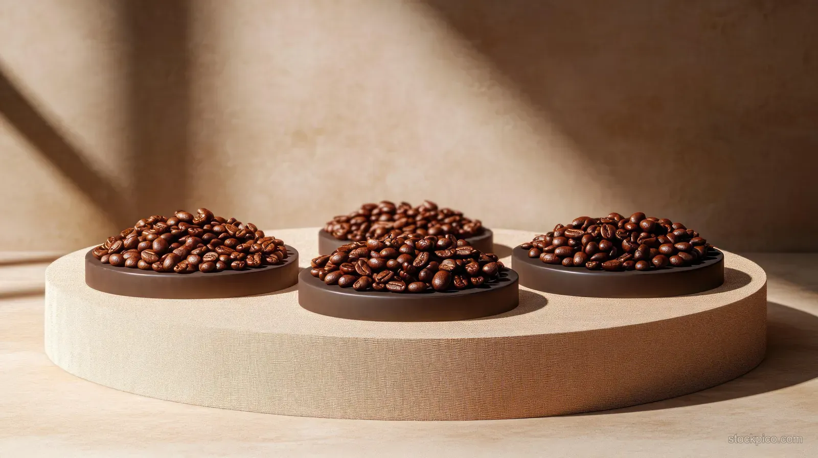 Four trays of shiny roasted coffee beans arranged on a beige textured circular platform under soft light.