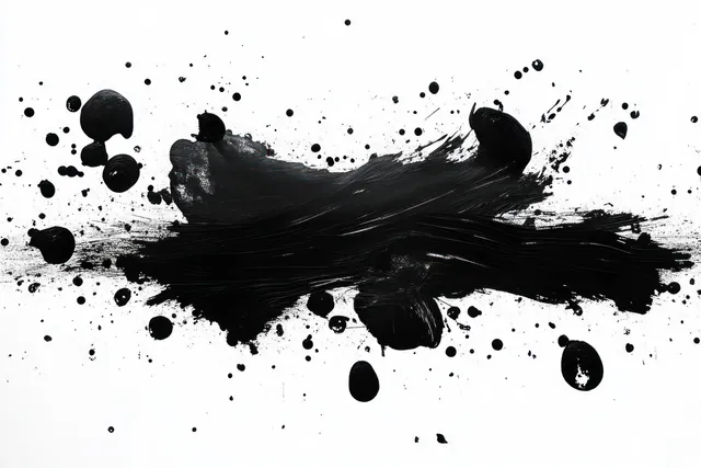 Thick black paint stroke across a white canvas with scattered splatters and round droplets.