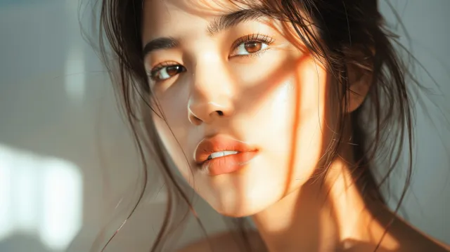 Serene woman portrait in warm window sunlight with softly glowing skin and delicate shadows.