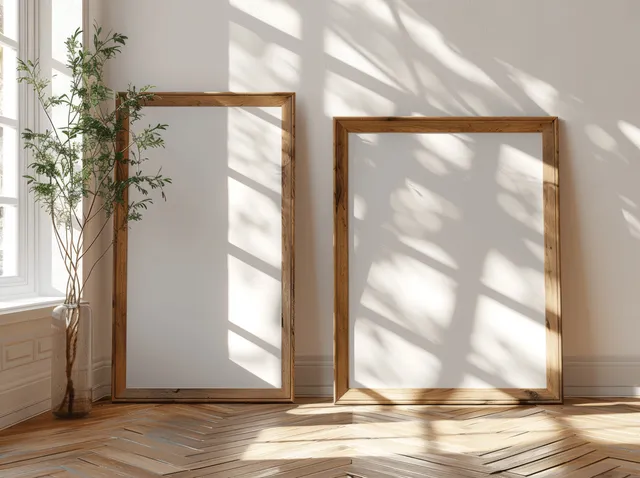 Two large wooden picture frames on a sunlit parquet floor with window shadow patterns.