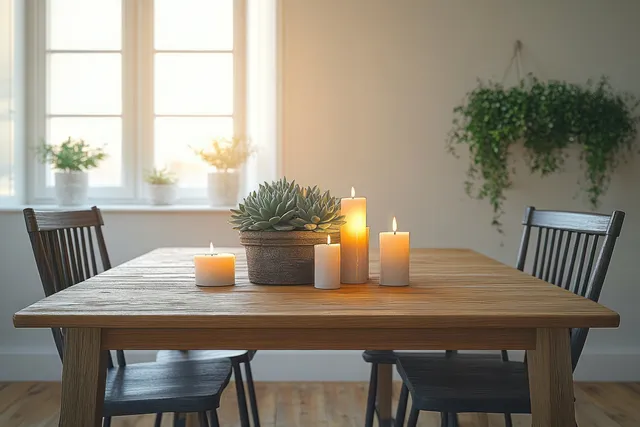 Wooden dining table with candles and succulent centerpiece in a bright Scandinavian room with two chairs and window light.