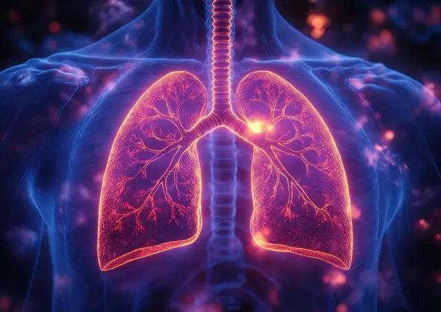 Neon glowing 3D lungs are shown inside a male torso with visible airways and chest outline.