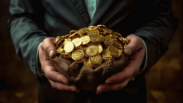 A businessman holds a sack overflowing with gold coins under dramatic dark cinematic lighting.