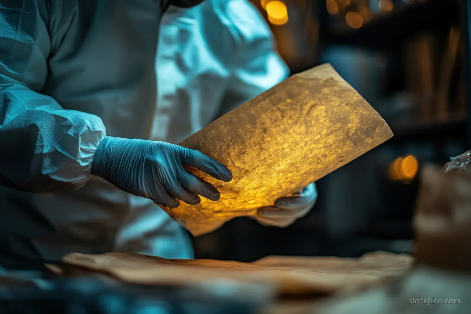 A forensic investigator in a hazmat suit holds a stained evidence sheet while examining it outdoors.