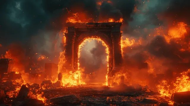 Burning Gothic stone arches over a dark dungeon corridor with fiery flames