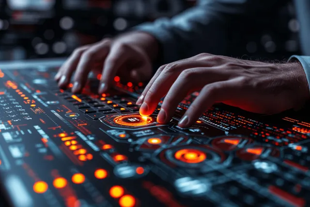 Hands typing on a glowing server keyboard with data charts and search metrics