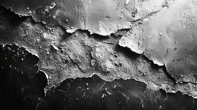 Black-and-white film negative texture with scratches and dust specks over a dark, distressed background.