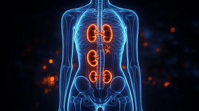 Glowing kidneys and ureters appear inside transparent human torso with blue skeletal outline