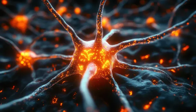 A glowing neuron with bright synapses extends branching neural connections through a dark microscopic background.