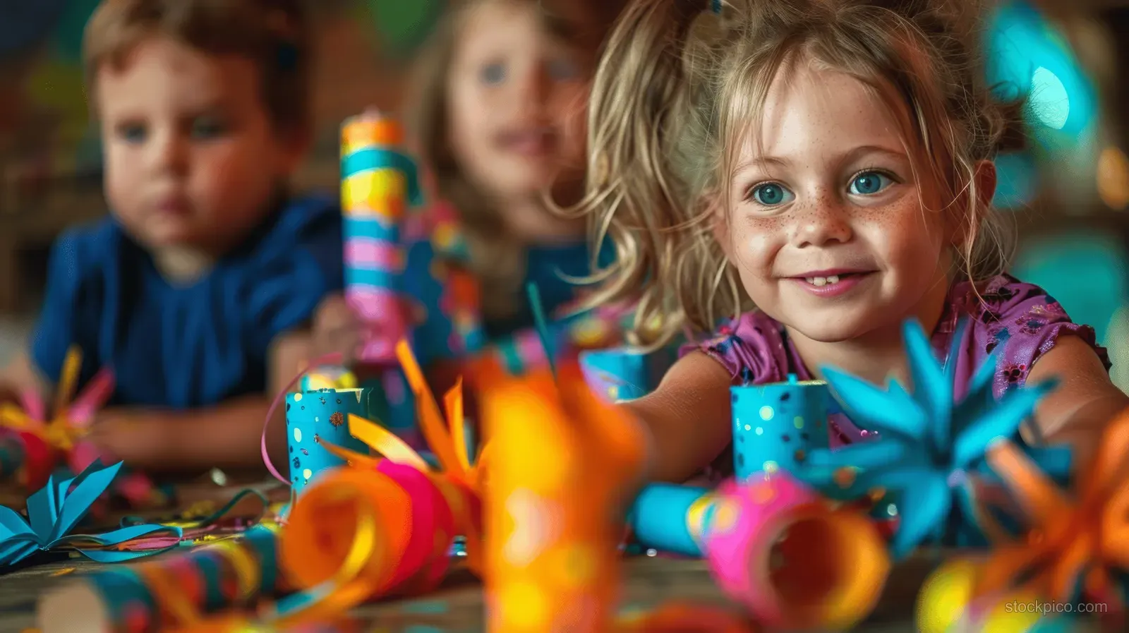 Kids and families craft colorful paper firecracker toys at a birthday party table with glittery details.