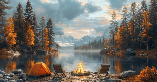 Autumn lakeside campsite with campfire flames, chairs, and a tent beside a calm reflective lake.