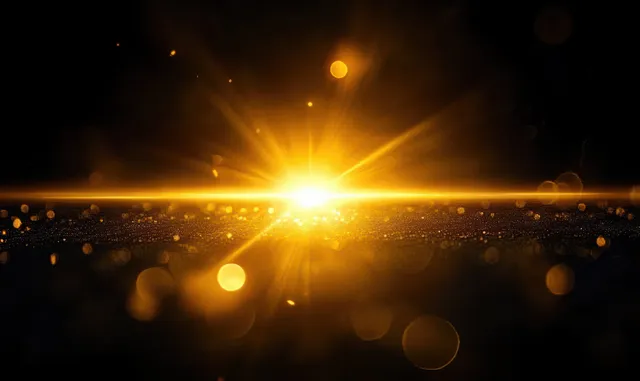 Golden light bursts on a dark background with beams, glowing orbs, and scattered particles.