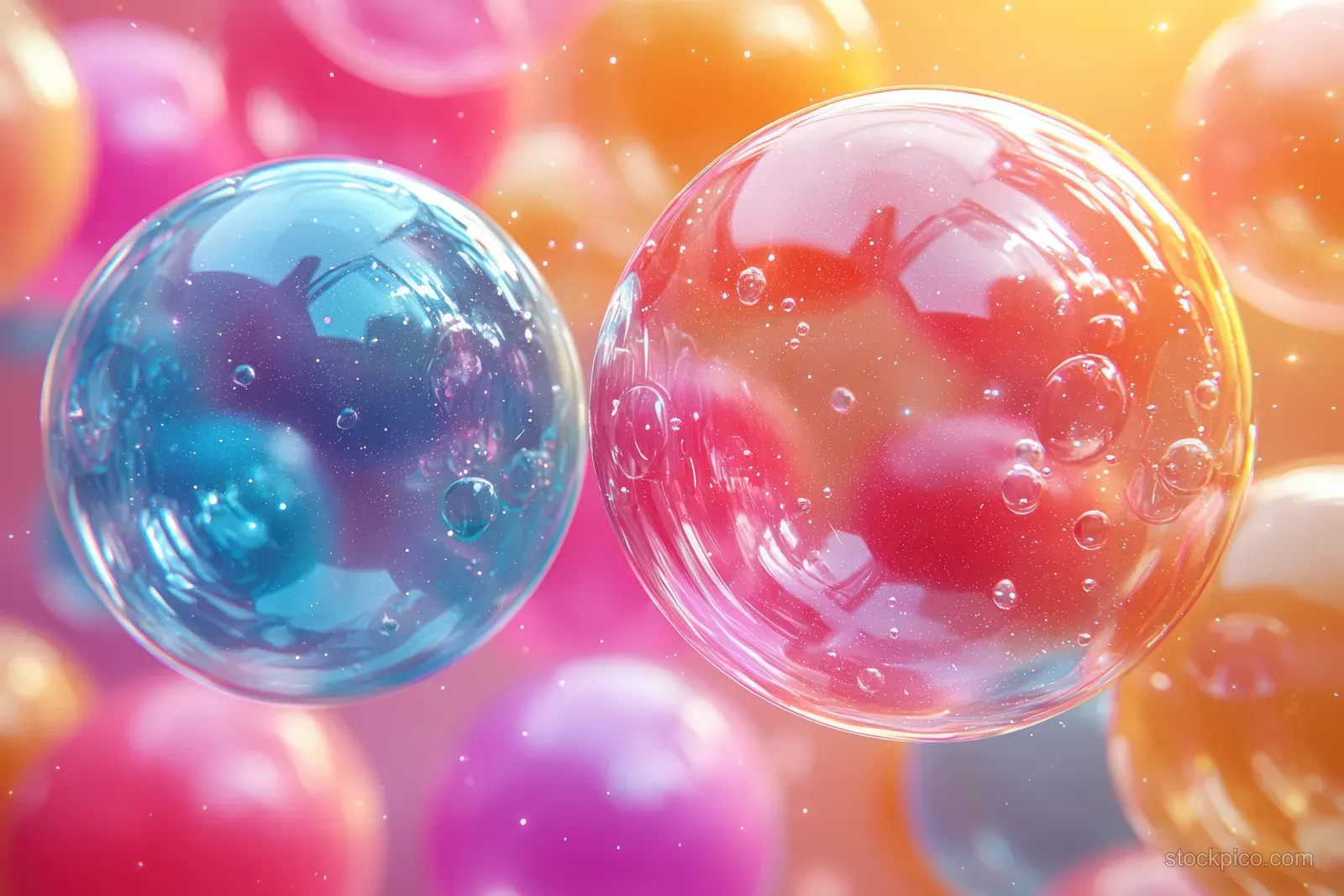Two glowing rainbow bubbles with small dolphin shapes floating above a colorful blurred background.